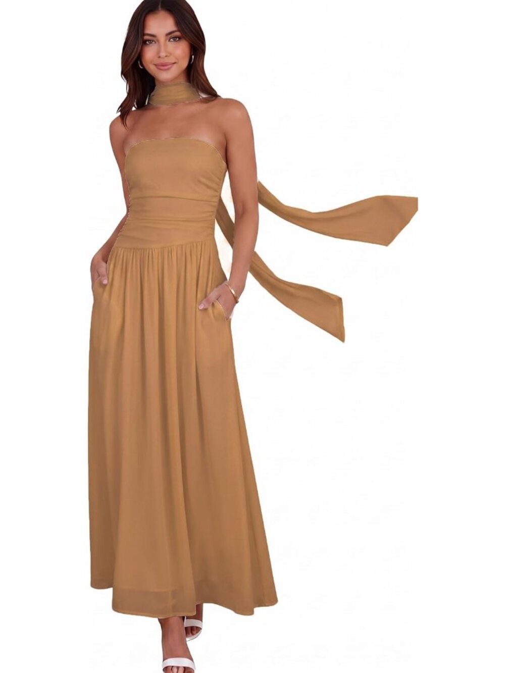 Women's Camel Floral Strapless Ruched Elastic Waist Flowy Aline Fit Maxi Dress